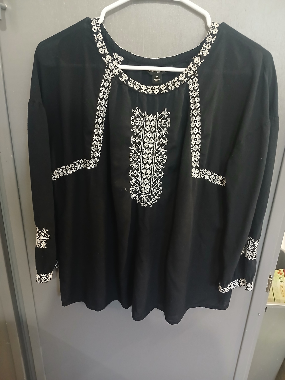 Lucky Brand Black Peasant Tunic with White Embroidery